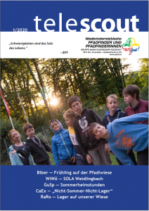 Telescout Cover 2020 mit Pfadfinder*innen im Wald beim Sonnnenuntergang